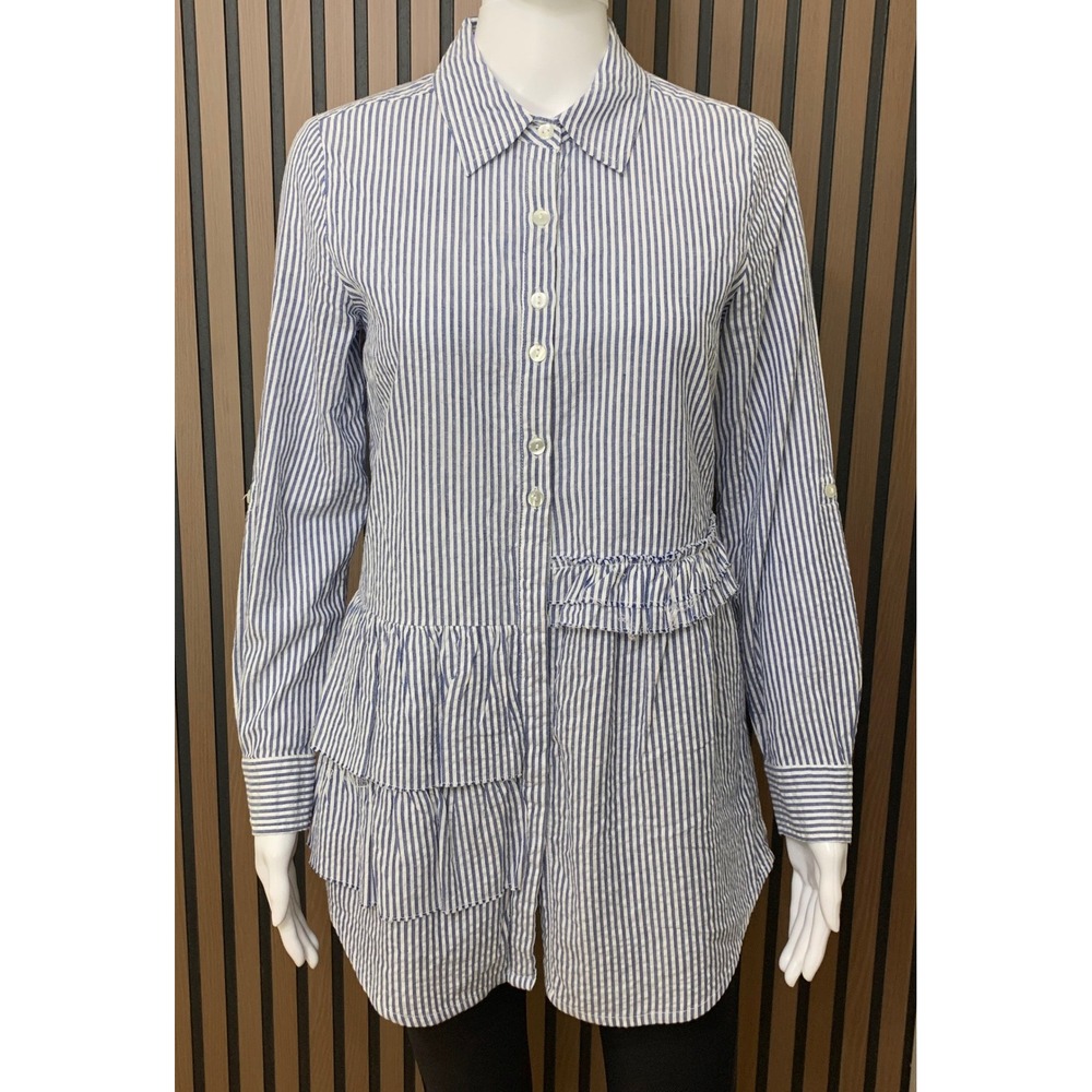 Soft Surroundings Blue White Striped Ruffle Hem 100% Cotton Tunic Shirt XS